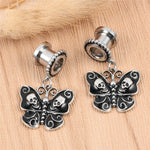 Butterfly ear tunnels with skulls. Skull ear weights and hangers. Ear plug gauges, ear stretching kits with free shipping to your doorstep.