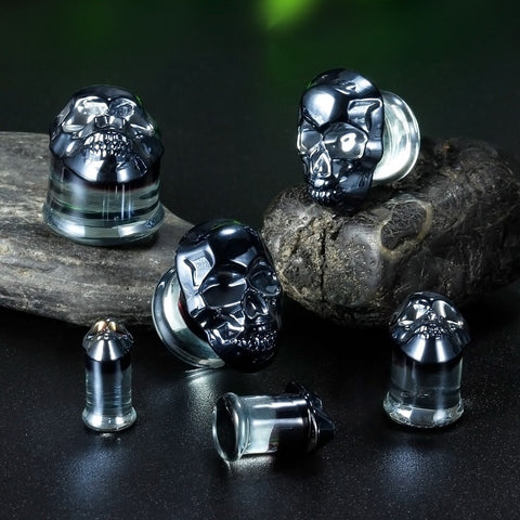 Skull glass ear plugs with free shipping to your doorstep. Sold as pairs and checked for flaws. Ear lobe plug gauges 6mm to 16mm.