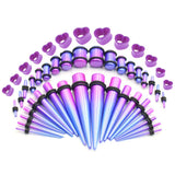 Purple ear stretching kit includes ear tapers, ear plugs and ear heart tunnels. Ear stretching gauges with free shipping.