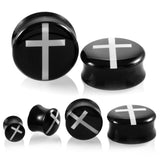 Double flare black ear plugs with white cross. Free shipping to your doorstep. Ear plug gauges 6mm to 25mm. Sold as pair and checked for flaws.
