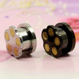 Bullet themed ear plug gauges with free shipping to your doorstep. Revolver ear plugs 6mm to 16mm, sold as pairs and checked for flaws.